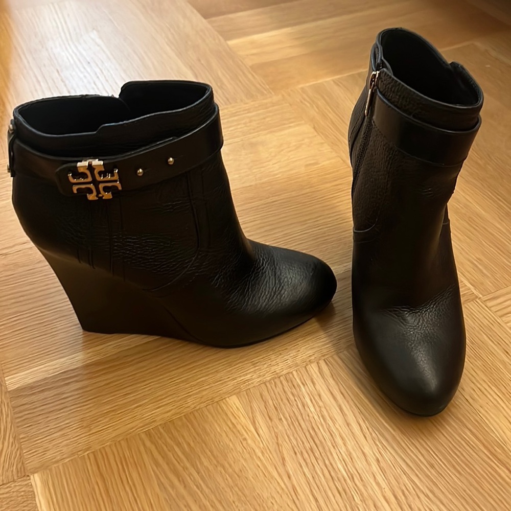 Tory Burch Black Leather Wedge Booties, Excellent Condition